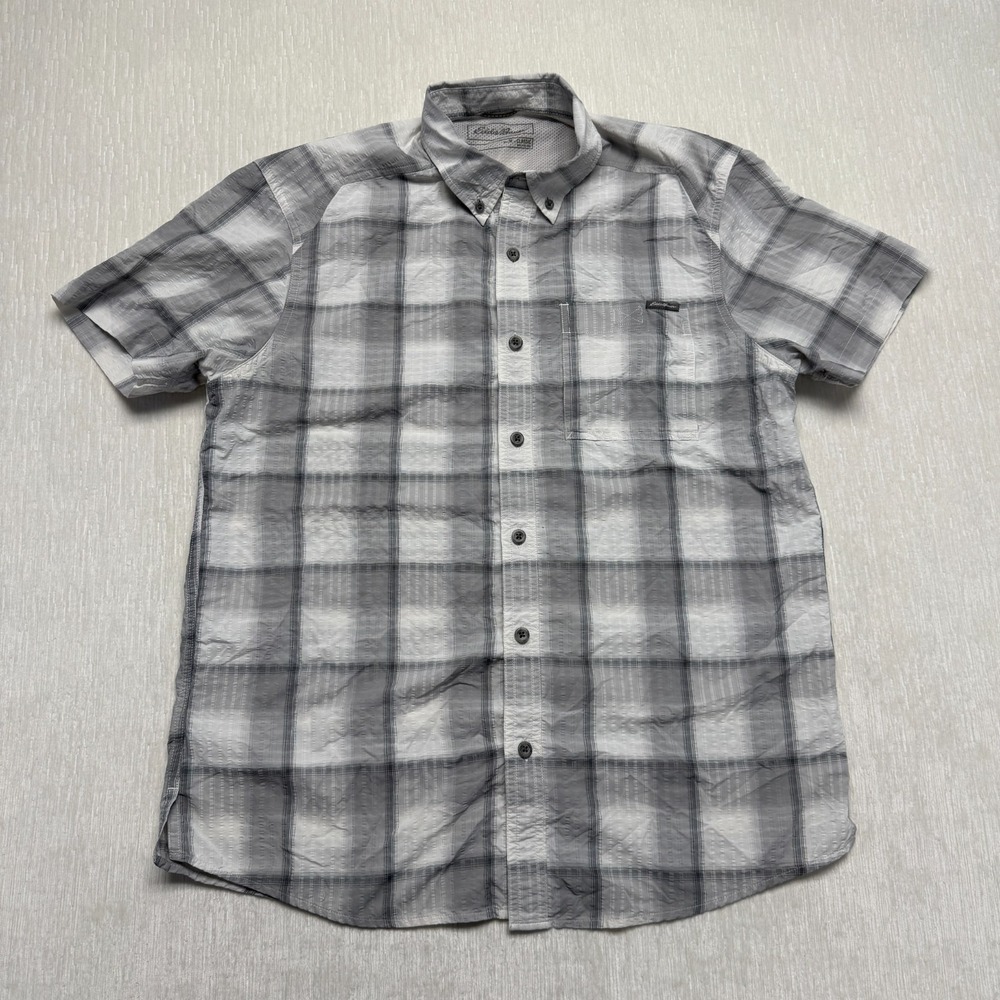 Eddie Bauer Outdoor Button Down Shirt Mens Medium Gray Buffalo Plaid Hiking Camp